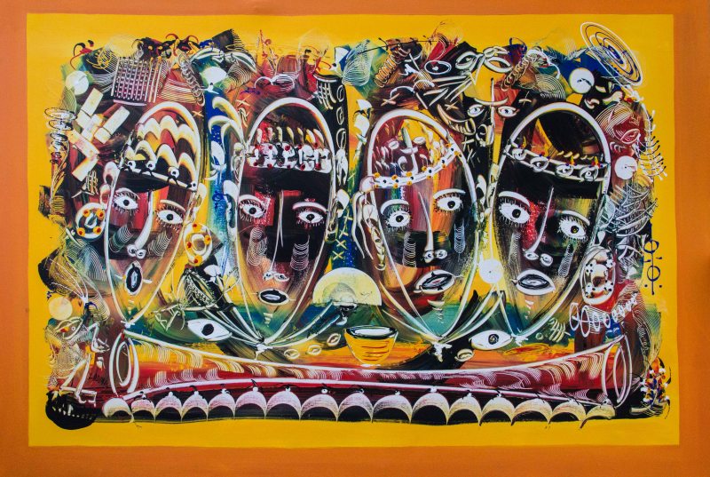 Maskers op geel en oranje