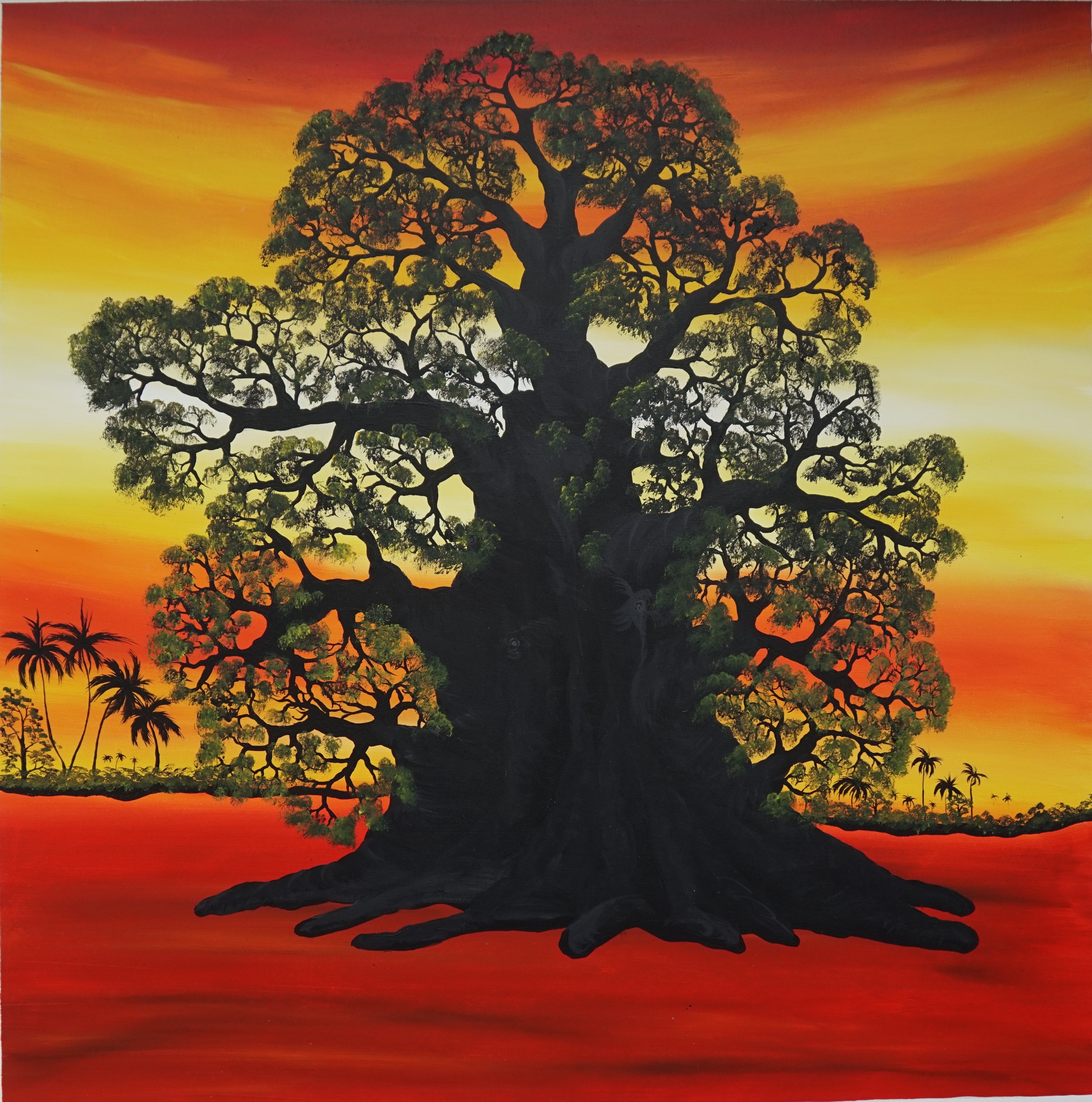 Baobab silhouet roodzwart